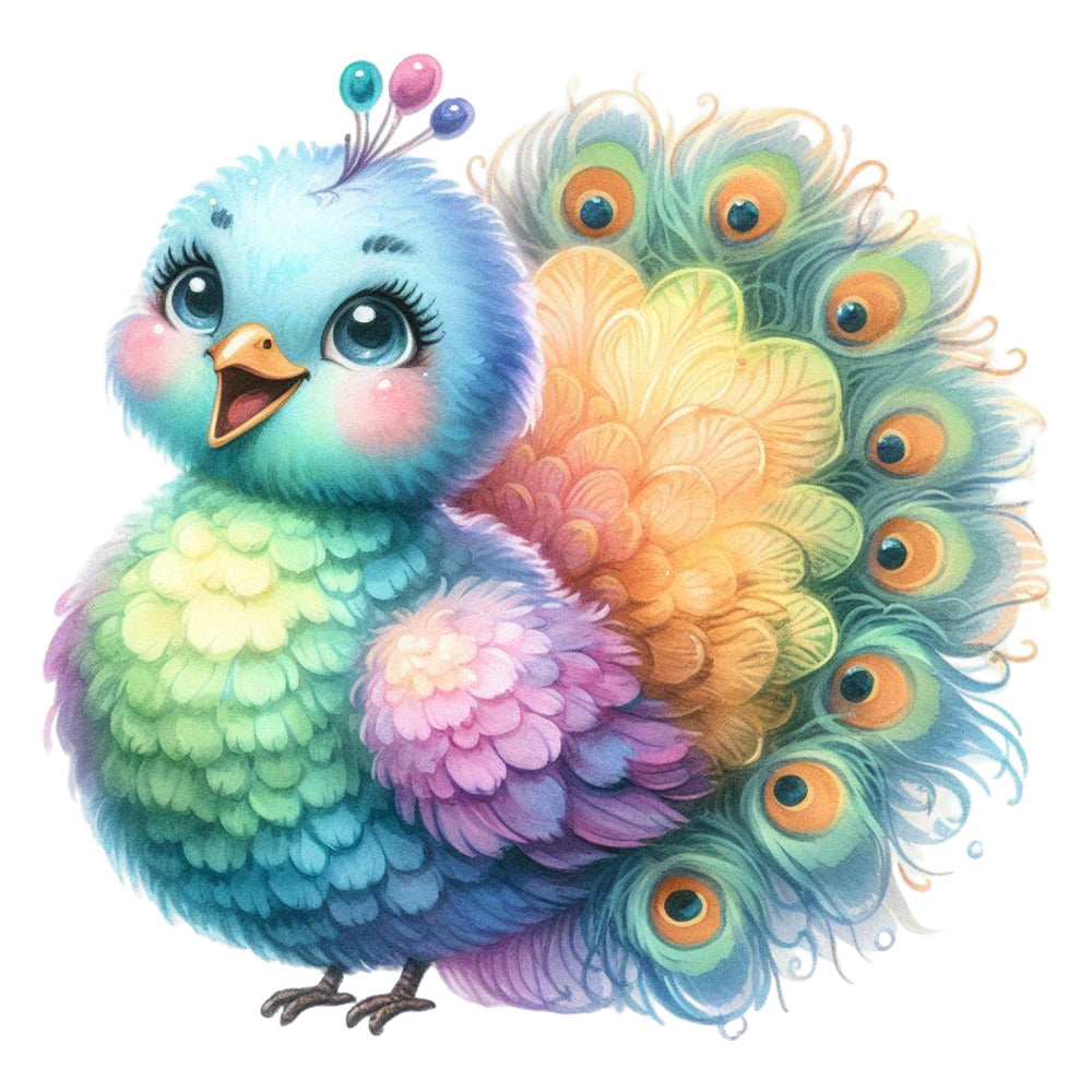 Cute Adorable Peacocks Fabric Panel 26 featuring a colorful, whimsical baby peacock with vibrant feathers and large expressive eyes.