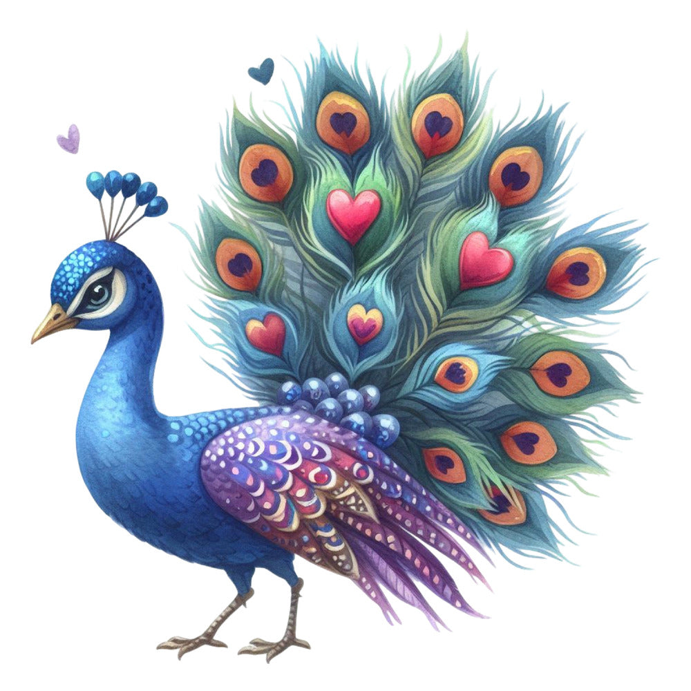 Cute Adorable Peacocks Fabric Panel 3 featuring a vibrant blue peacock with heart-shaped details on its feathers.