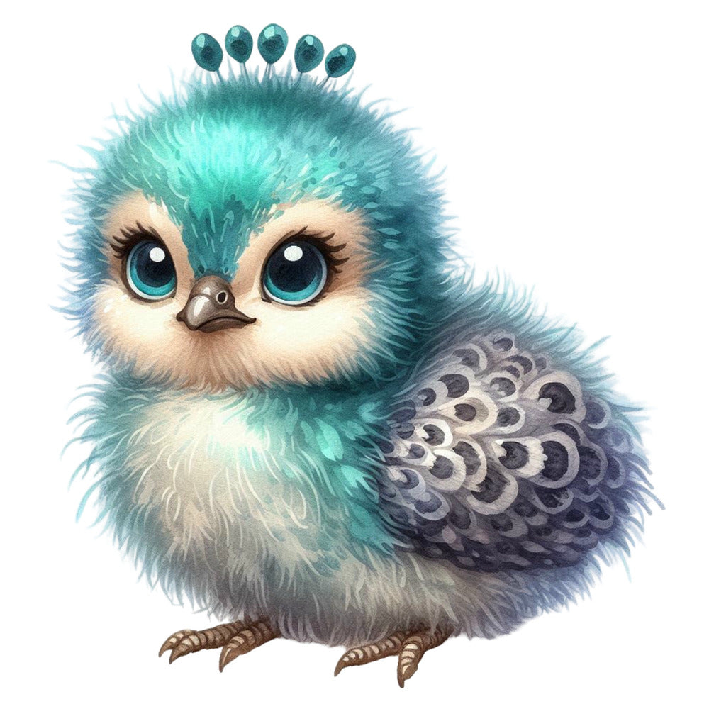 Cute Adorable Peacocks Fabric Panel 7 showing a fluffy, detailed baby peacock with big eyes and vibrant teal and grey feathers.