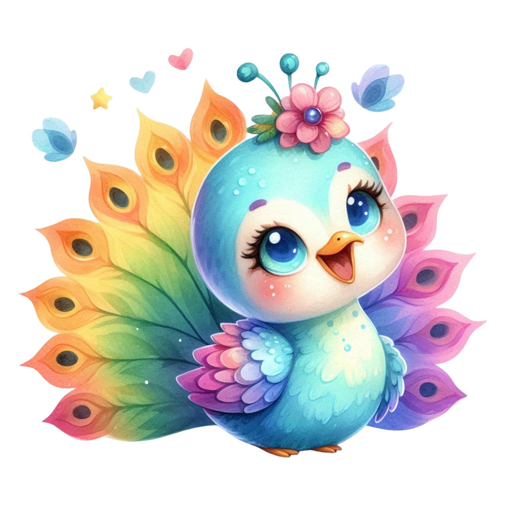 Cute Adorable Peacocks Fabric Panel 9 featuring a colorful, charming peacock with vibrant feathers and cheerful expression.