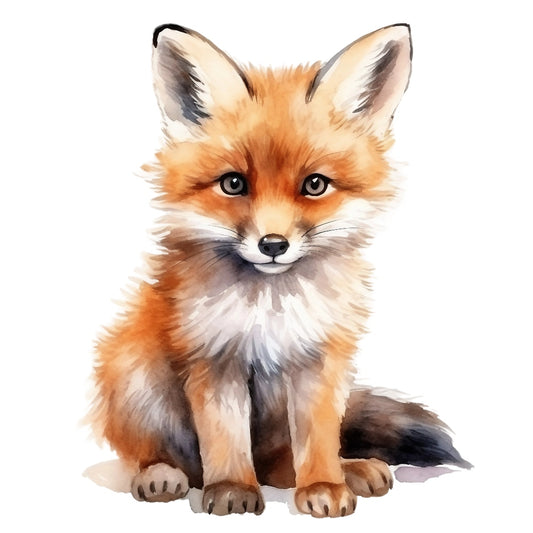 Cute Baby Fox Fabric Panel 1 featuring a detailed, realistic watercolor illustration of an adorable baby fox sitting calmly.