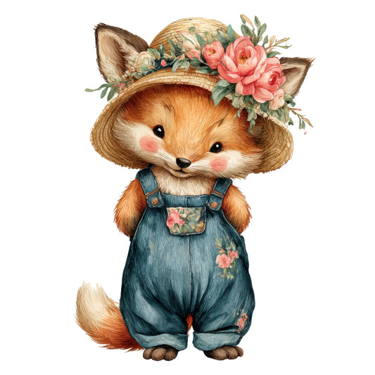 Cute Boho Fox Fabric Panel featuring an adorable fox in floral hat and denim overalls, printed on premium quilting cotton.