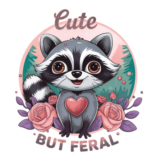 Cute But Feral Fabric Panel featuring an adorable raccoon with big eyes, heart detail, and floral background in soft colors.