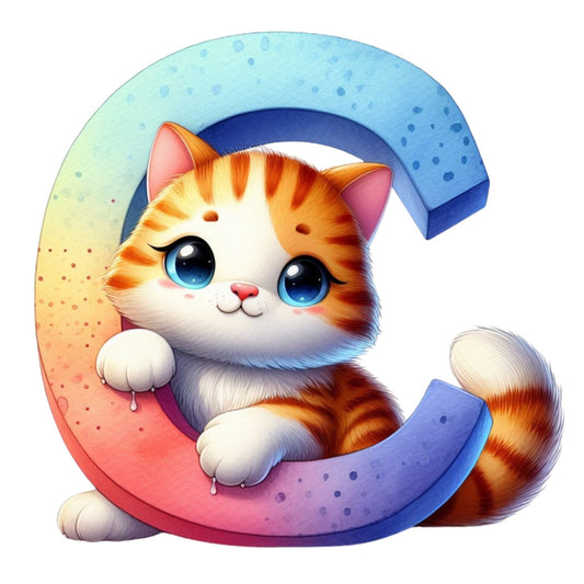 Cute Cats Letter C Fabric Panel featuring a colorful letter C with an adorable orange tabby kitten and premium quilting cotton print.