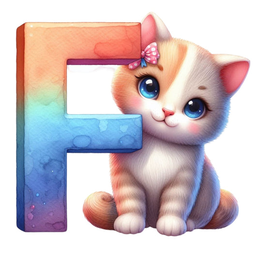 Cute Cats Letter F Fabric Panel featuring a watercolor letter F and an adorable kitten with blue eyes and a pink bow.