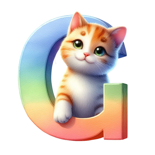 Cute Cats Letter G Fabric Panel featuring a charming orange and white kitten with green eyes on a pastel gradient letter G design.
