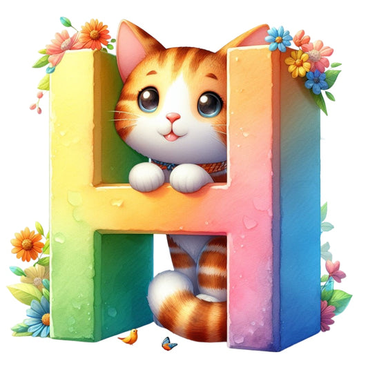 Cute Cats Letter H Fabric Panel featuring an adorable orange tabby cat peeking through a colorful floral letter H design.