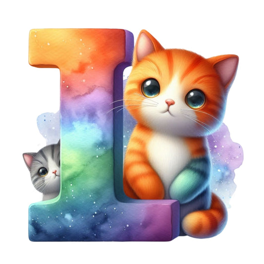 Cute Cats Letter I Fabric Panel featuring a colorful gradient letter with two adorable kittens in a whimsical design.