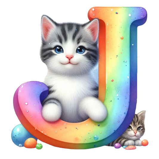 Cute Cats Letter J Fabric Panel featuring a gray and white kitten with blue eyes sitting inside a rainbow-colored letter J.