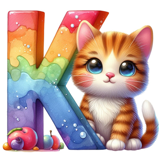 Cute Cats Letter K Fabric Panel featuring a colorful letter K with water droplets and an adorable orange tabby kitten sitting beside it.