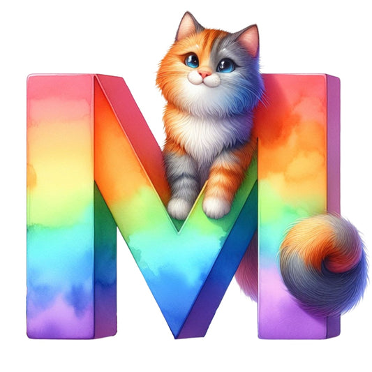 Cute Cats Letter M Fabric Panel featuring a colorful rainbow design with an adorable fluffy cat on premium cotton fabric.