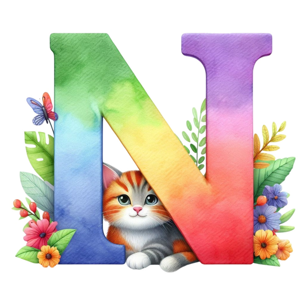Cute Cats Letter N Fabric Panel featuring a colorful letter N with a playful cat and vibrant flowers in premium quilting cotton.