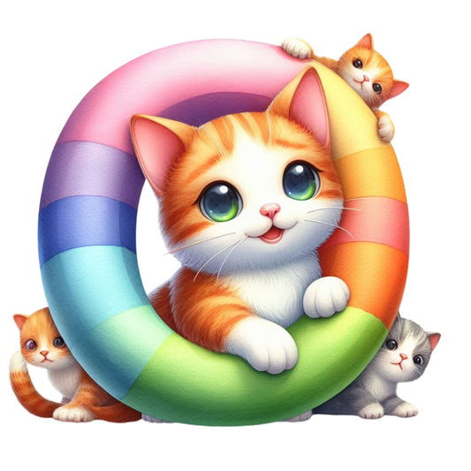 Cute Cats Letter O Fabric Panel featuring adorable orange and gray kittens with big eyes on a colorful rainbow ring.