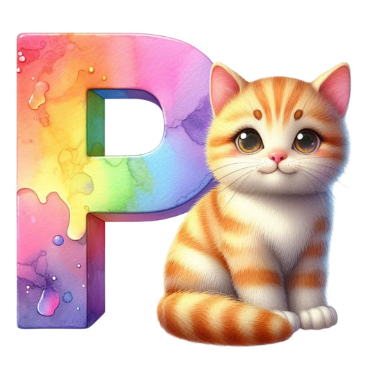 Cute Cats Letter P Fabric Panel featuring a colorful watercolor letter P and an adorable orange tabby kitten sitting beside it.