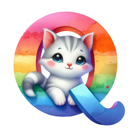 Cute Cats Letter Q Fabric Panel featuring a rainbow-colored letter Q with an adorable gray and white kitten inside.
