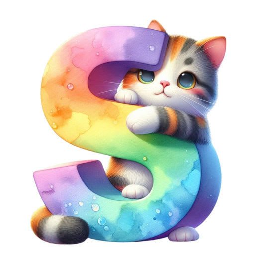 Cute Cats Letter S Fabric Panel featuring an adorable calico kitten hugging a colorful rainbow letter S design.
