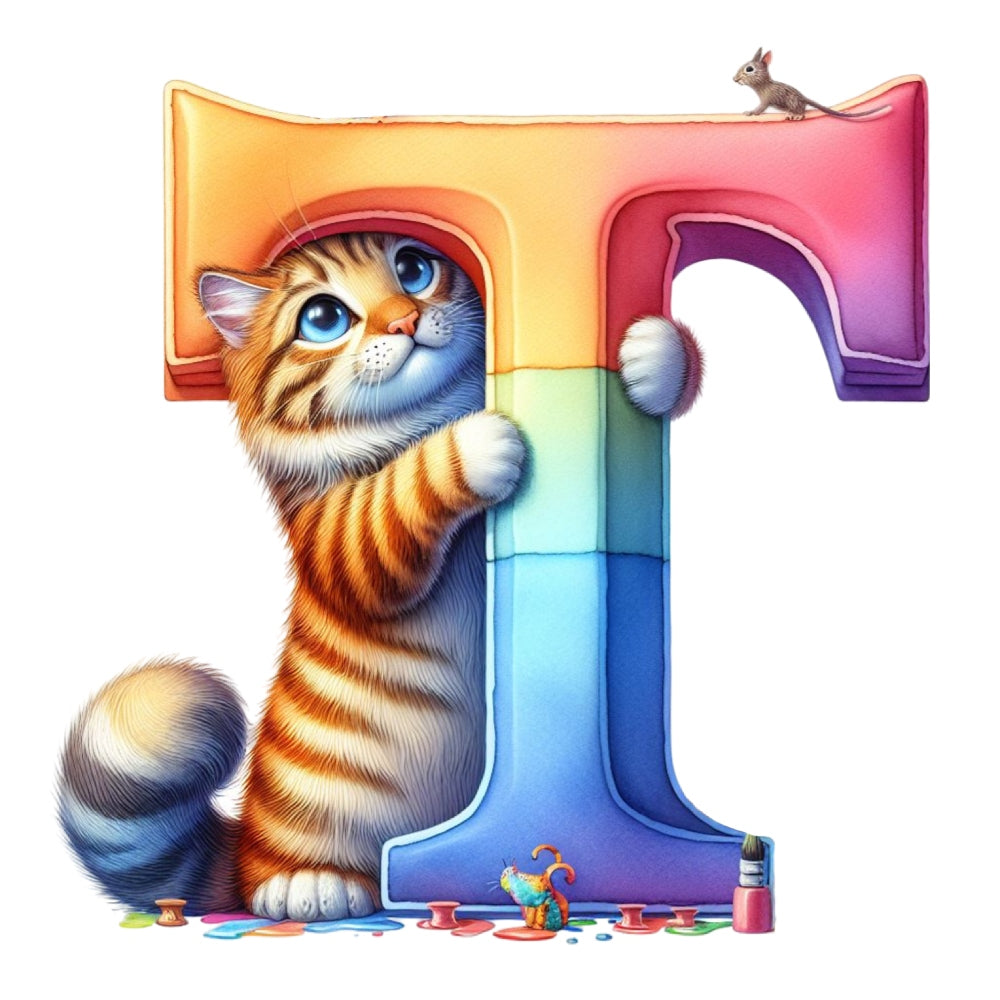 Cute Cats Letter T Fabric Panel featuring a colorful letter T with an adorable kitten and small mouse design.