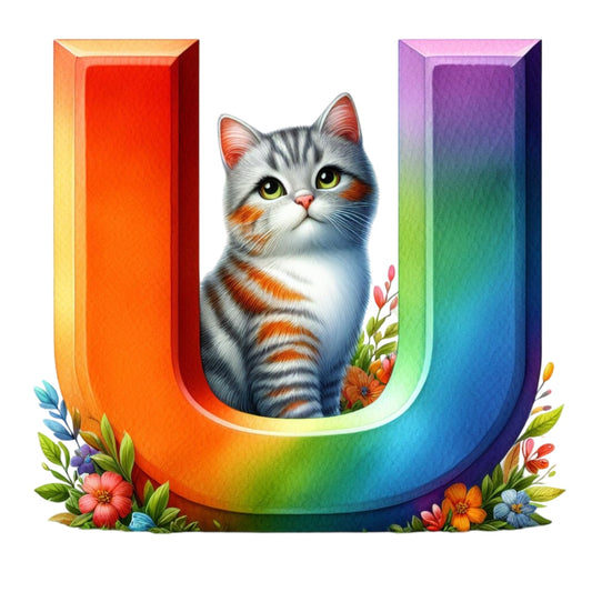 Cute Cats Letter U Fabric Panel features a colorful letter U with a realistic cat and floral accents on premium cotton.