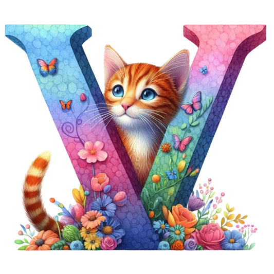 Cute Cats Letter V Fabric Panel featuring a colorful letter V with a curious orange cat and vibrant flowers and butterflies.