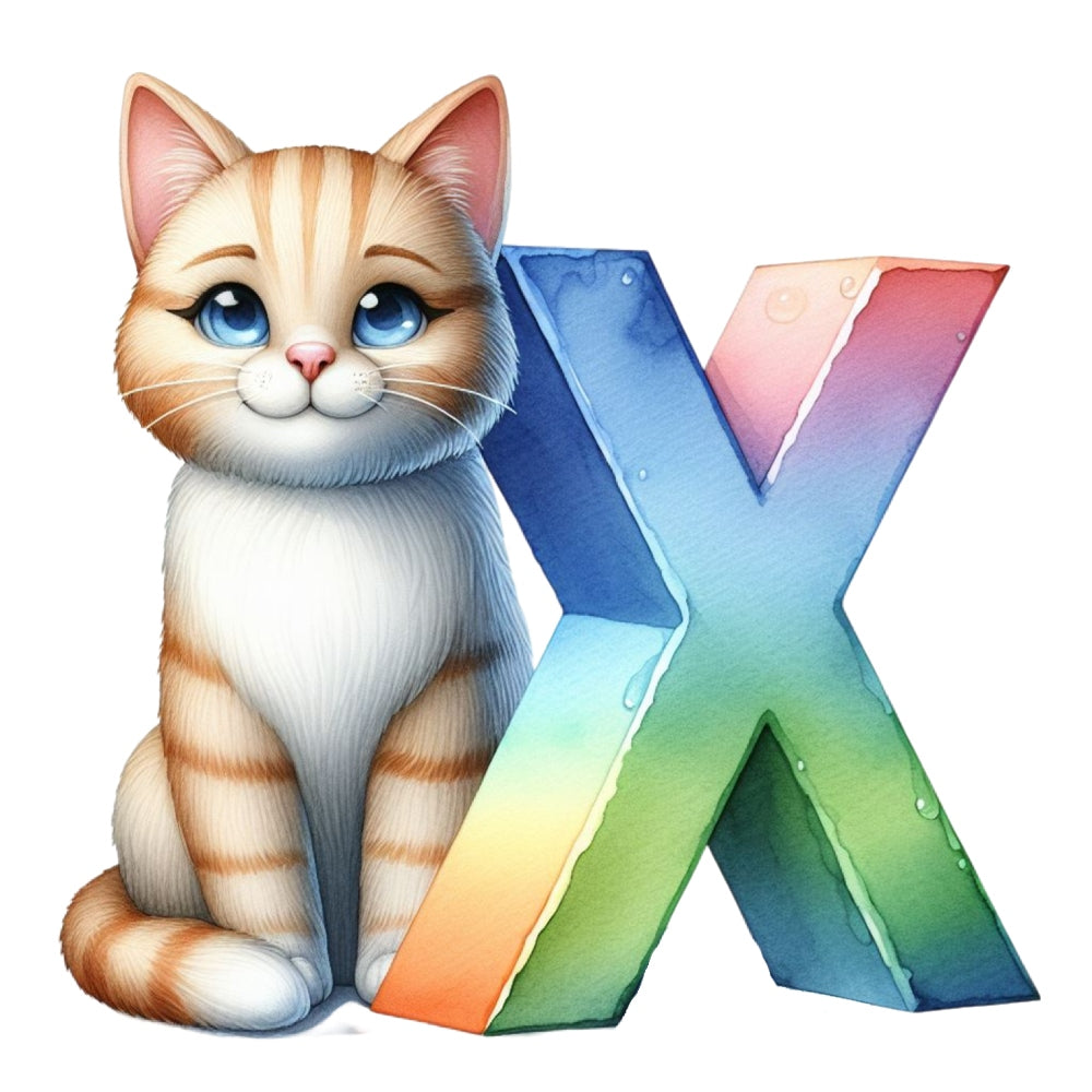 Cute Cats Letter X Fabric Panel featuring an adorable orange tabby cat with blue eyes beside a colorful letter X design.
