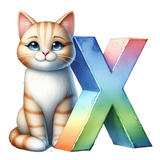Cute Cats Letter X Fabric Panel featuring an adorable orange tabby cat with blue eyes beside a colorful letter X design.