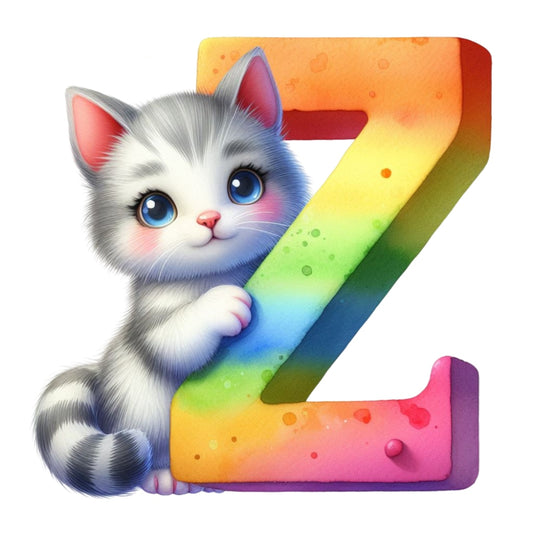 Cute Cats Letter Z Fabric Panel featuring a gray kitten hugging a rainbow-colored letter Z in premium quilting cotton design.