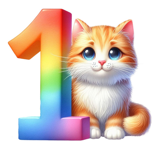Cute Cats Number 1 Fabric Panel with a cute orange and white kitten sitting beside a colorful rainbow number one.