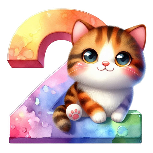 Cute Cats Number 2 Fabric Panel with an adorable wide-eyed kitten sitting on a colorful watercolor number two design.