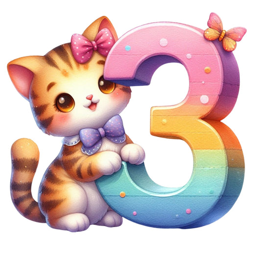 Cute Cats Number 3 Fabric Panel featuring an adorable bow-wearing kitten with a colorful, rainbow-themed number three.