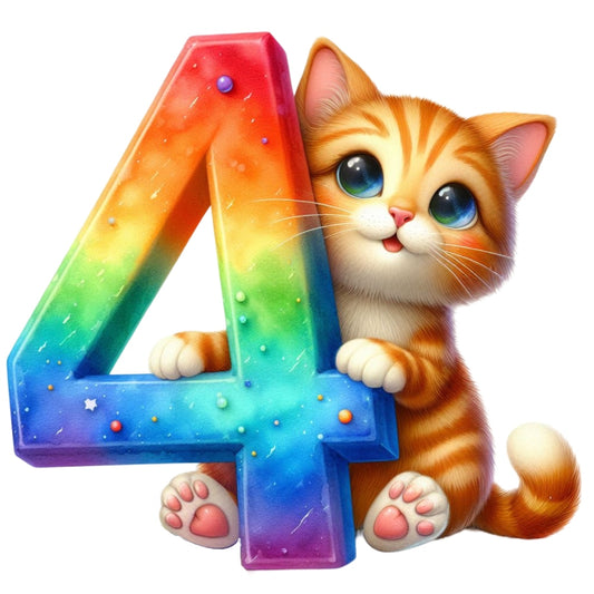 Cute Cats Number 4 Fabric Panel featuring a colorful rainbow number 4 with an adorable orange tabby kitten hugging it.