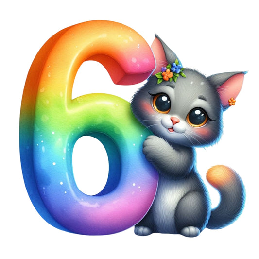 Cute Cats Number 6 Fabric Panel featuring a gray kitten with flowers hugging a vibrant rainbow-colored number six.