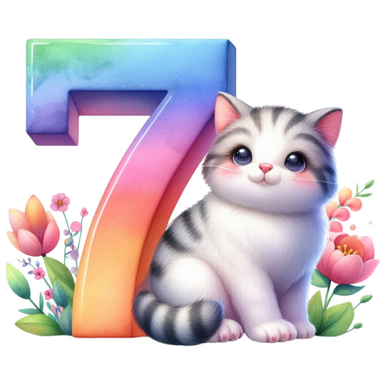 Cute Cats Number 7 Fabric Panel featuring a colorful number seven with a cute kitten and floral accents in premium quilting cotton.