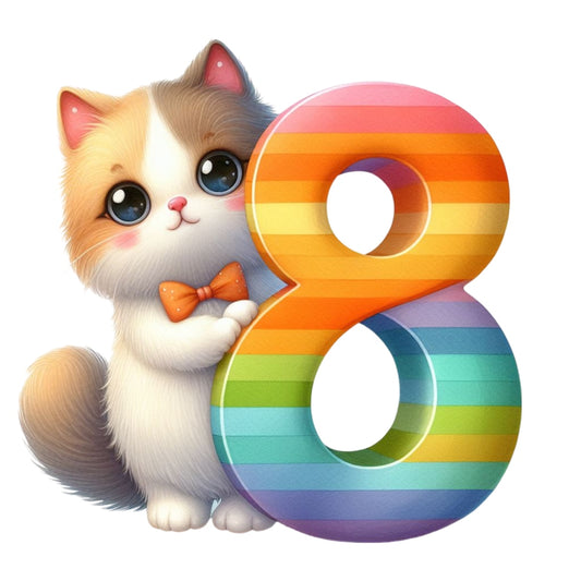 Cute Cats Number 8 Fabric Panel featuring an adorable kitten with a bow tie holding a colorful striped number 8 design.