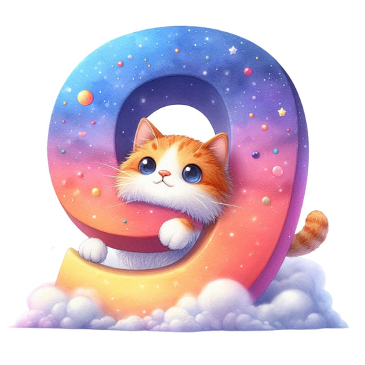Cute Cats Number 9 Fabric Panel featuring an adorable orange and white cat nestled in a colorful number 9 with stars and clouds.