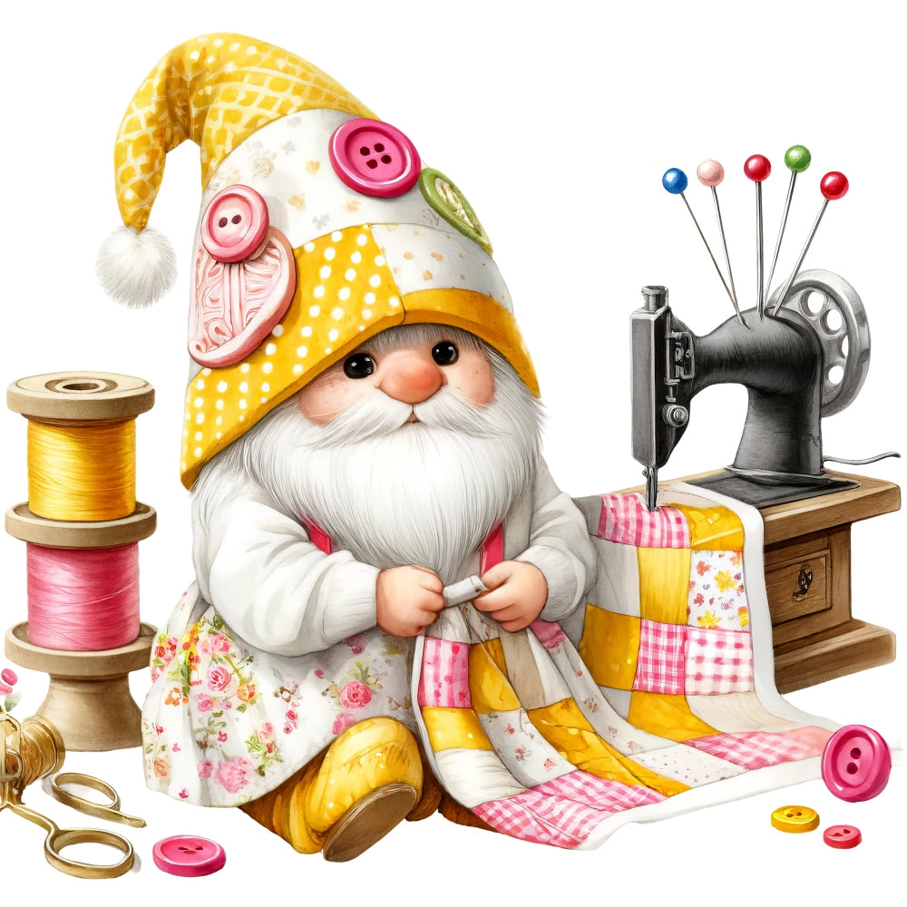 Cute Sewing Gnomes Fabric Panel 1 shows an adorable gnome sewing a colorful quilt with sewing tools and a vintage sewing machine.