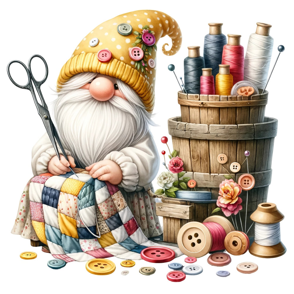 Cute Sewing Gnomes Fabric Panel 10 with gnome sewing colorful patchwork quilt surrounded by buttons and threads