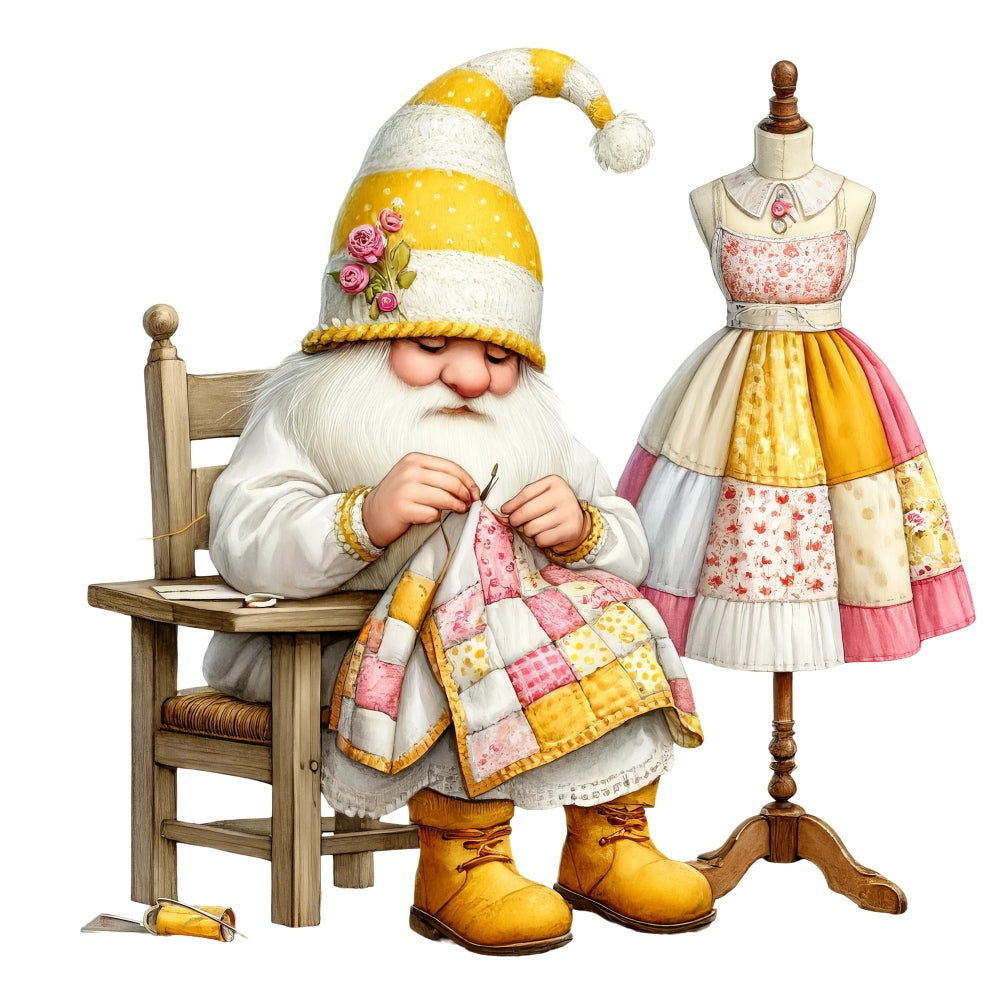 Cute Sewing Gnomes Fabric Panel 13 showing a gnome sewing a colorful quilt next to a patchwork dress on a mannequin.