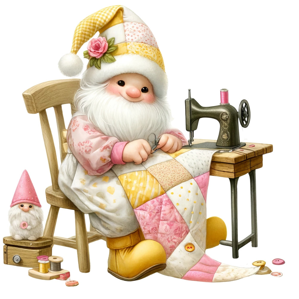 Cute Sewing Gnomes Fabric Panel 15 showing a charming gnome sewing a colorful quilt with a vintage sewing machine on a wooden chair.