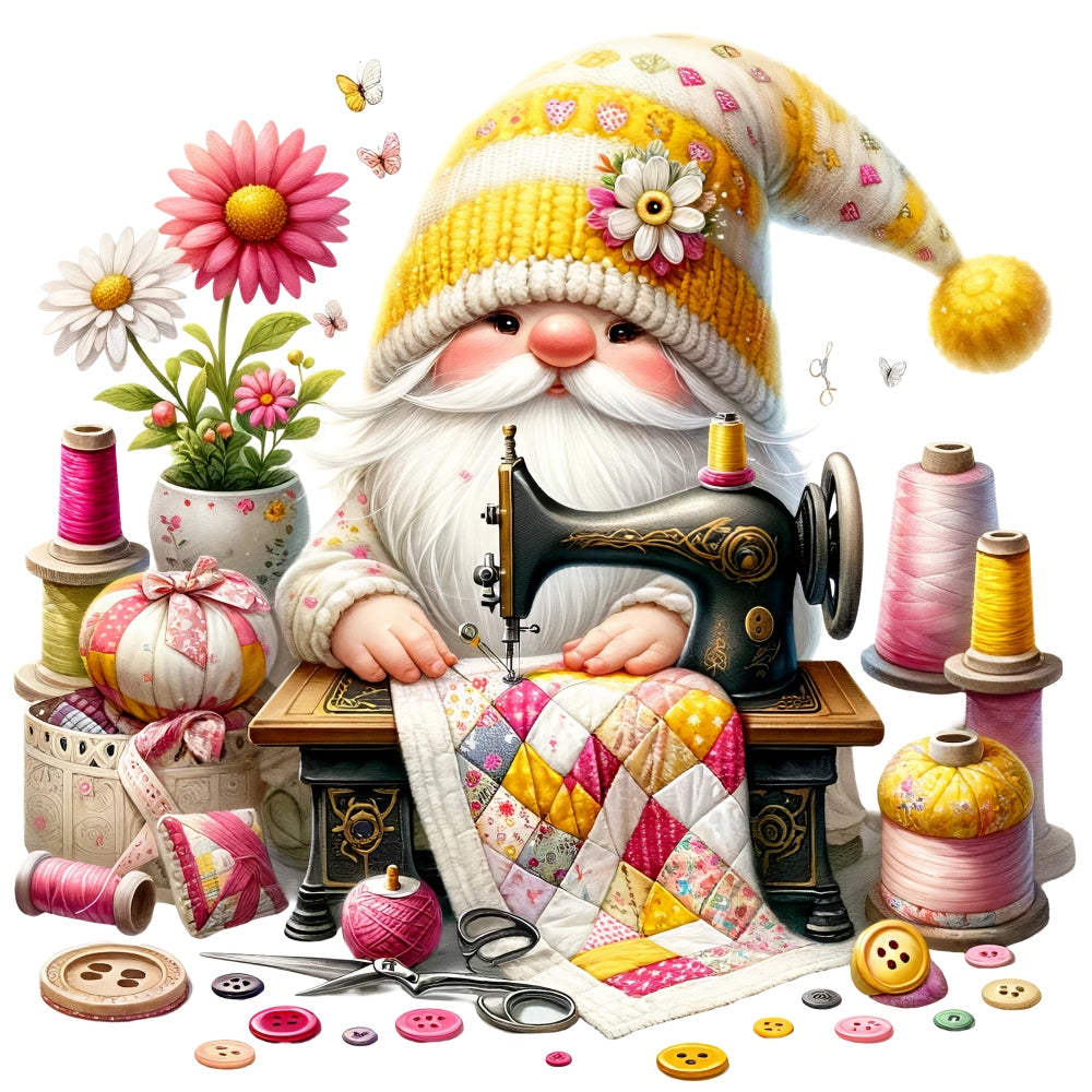 Cute Sewing Gnomes Fabric Panel 17 showing a gnome sewing a colorful quilt with vintage machine and sewing supplies around