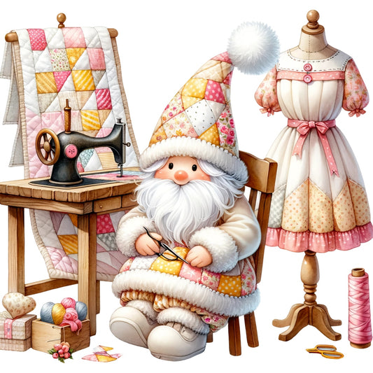 Cute Sewing Gnomes Fabric Panel 18 featuring a cozy gnome with knitting and sewing items on premium quilting cotton fabric.