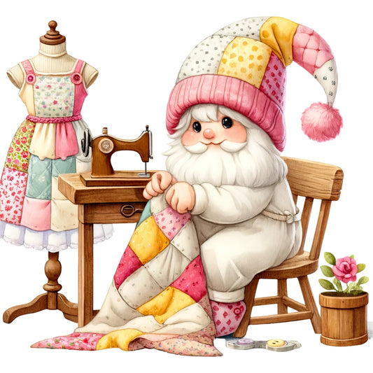 Cute Sewing Gnomes Fabric Panel 2 featuring a gnome sewing a colorful quilt by a vintage sewing machine on premium cotton fabric.