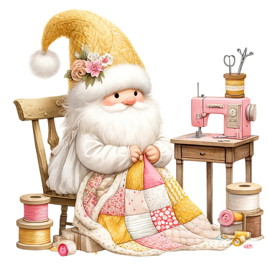 Cute Sewing Gnomes Fabric Panel 21 featuring a gnome quilting with patchwork fabric and sewing tools on premium cotton.