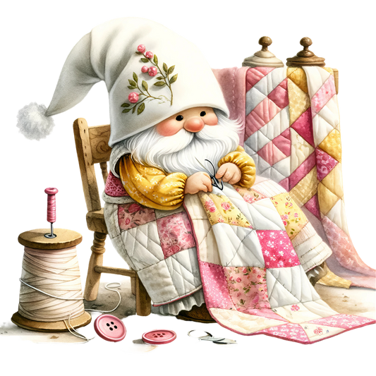 Cute Sewing Gnomes Fabric Panel 22 showing a gnome quilting a pink and yellow patchwork quilt with sewing tools nearby.