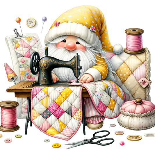 Cute Sewing Gnomes Fabric Panel 3 featuring a whimsical gnome sewing colorful patchwork quilts on premium quilting cotton fabric.
