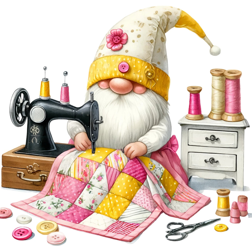 Cute Sewing Gnomes Fabric Panel 4 featuring a gnome sewing a colorful quilt with a vintage sewing machine and sewing supplies.
