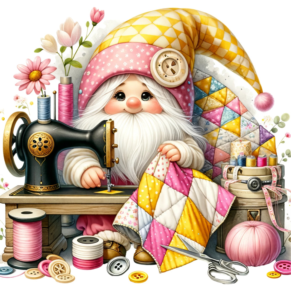 Cute Sewing Gnomes Fabric Panel 5 featuring a gnome quilting with colorful patchwork and sewing tools on premium cotton.