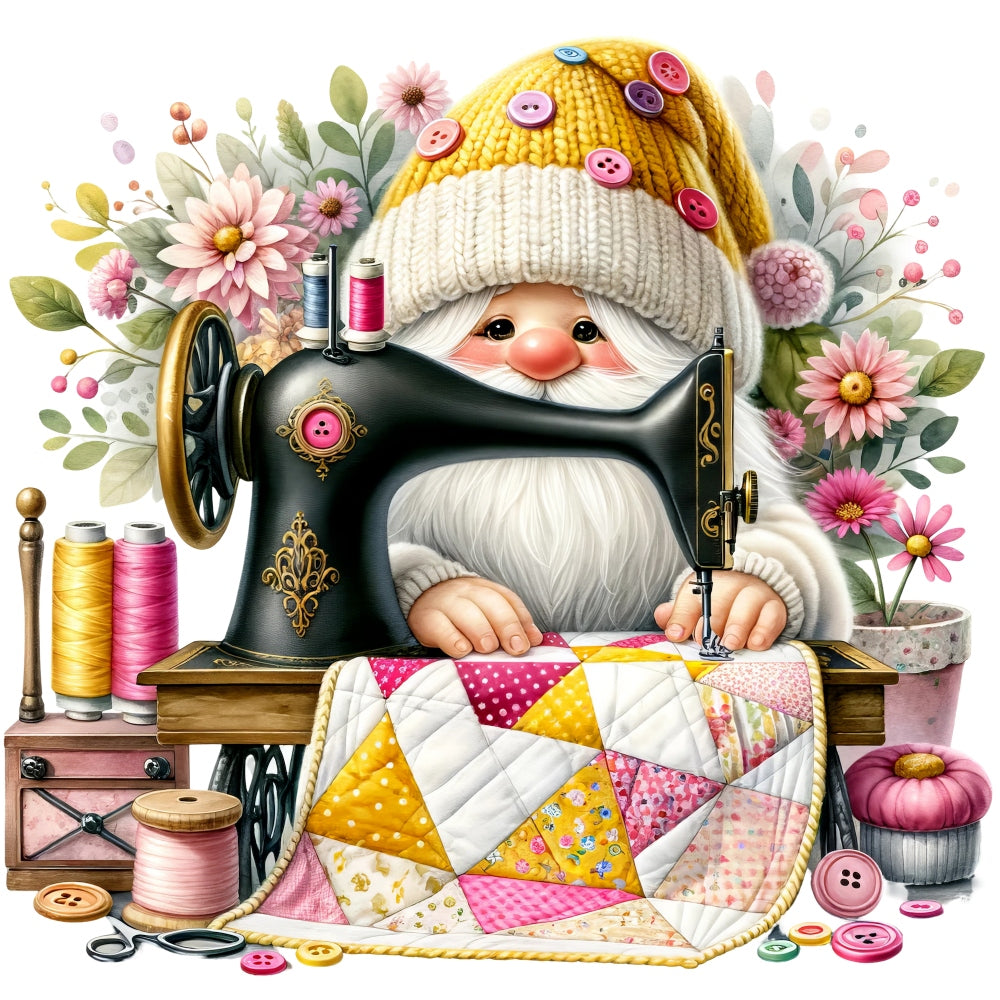 Cute Sewing Gnomes Fabric Panel 7 with gnome sewing quilt using vintage machine surrounded by flowers and buttons.