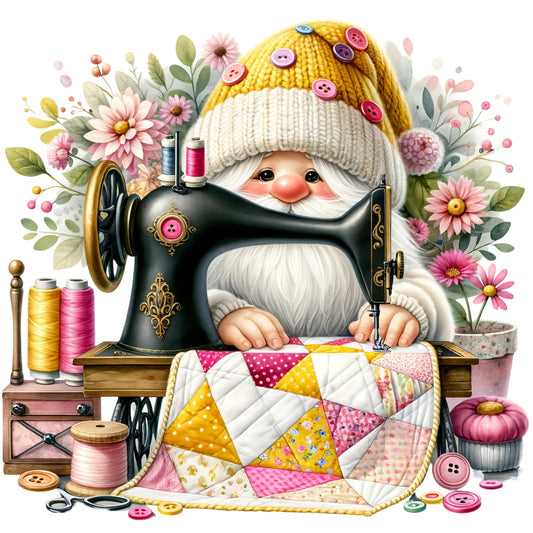 Cute Sewing Gnomes Fabric Panel 7 with gnome sewing quilt using vintage machine surrounded by flowers and buttons.