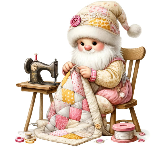 Cute Sewing Gnomes Fabric Panel 8 featuring a charming gnome quilting with vintage sewing machine and colorful patchwork quilt.