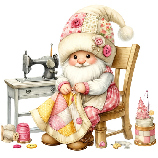 Cute Sewing Gnomes Fabric Panel 9 featuring a gnome sewing quilt with vintage machine and colorful sewing supplies.